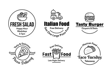 Obraz premium Fast food delivery linear badge monochrome promo label with place for text collection vector