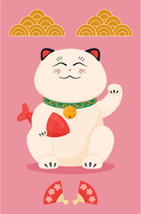 Japanese lucky cat with waving paw fish vector illustration. Cute fortune Asian culture feline doll