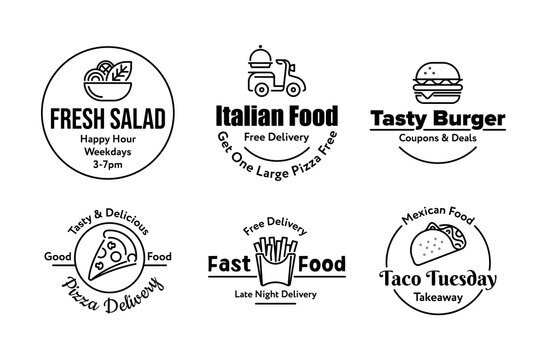 Fast food delivery linear badge monochrome promo label with place for text collection vector