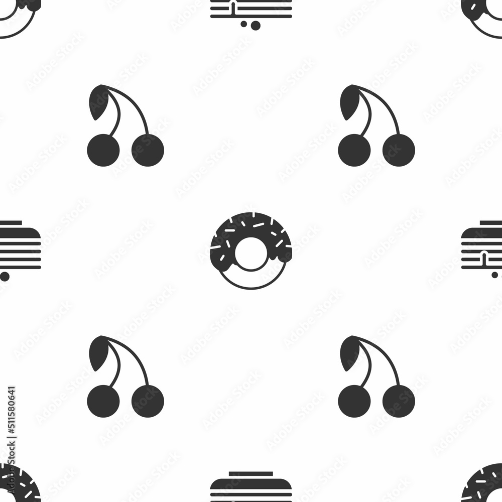 Poster set stack of pancakes, donut and cherry on seamless pattern. vector