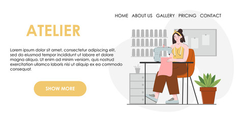Young seamstress woman Patterns and threads. Fashion designer, dressmaker, seamstress, sewing workshop or courses, tailoring concept. Vector illustration for banner, advertising, website.