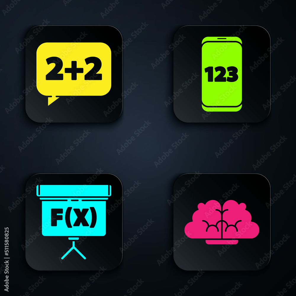 Poster set human brain, equation solution, chalkboard and mobile calculator interface. black square button.