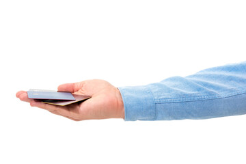 Male hand of a businessman with cards in hand isolated on white background