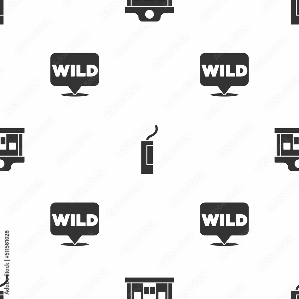 Poster set wild west saloon, dynamite bomb and pointer to wild on seamless pattern. vector