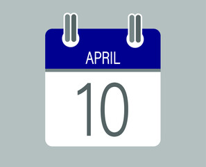 Day 10 april. Blue calendar for days of the month in april. Calendar page template.