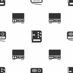 Set Radio with antenna, Sound mixer controller and Old video cassette player on seamless pattern. Vector