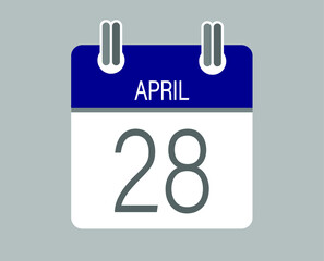 Day 28 april. Blue calendar for days of the month in april. Calendar page template.