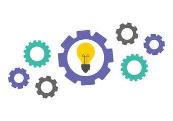 working mechanism of various gears with an included light bulb inside. the concept of teamwork on an idea