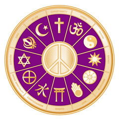 Religions of the World Gold Mandala Wheel, International Peace Symbol, Christianity, Hindu, Taoism, Baha'i, Buddhism, Jain, Shinto, Confucian, Native Spirituality, Judaism, Sikh, Islam, purple 