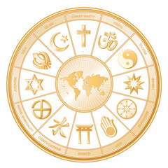 Fototapeta na wymiar Religions of the world gold mandala wheel surrounding earth map: Christianity, Hindu, Taoism, Baha'i, Buddhism, Jain, Shinto, Confucian, Native Spirituality, Judaism, Sikh, Islam. White background