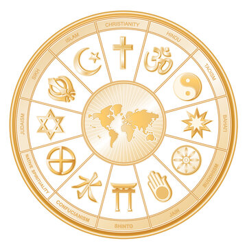 Religions of the world gold mandala wheel surrounding earth map: Christianity, Hindu, Taoism, Baha'i, Buddhism, Jain, Shinto, Confucian, Native Spirituality, Judaism, Sikh, Islam. White background
