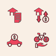 Set Bicycle rental mobile app, House contract, with dollar and Car icon. Vector