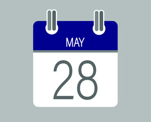 Day 28 may. Blue calendar for days of the month in may. Calendar page template.