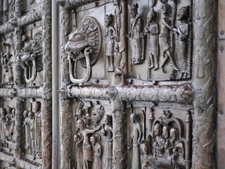 Historical monument. A fragment of the ornament on the door of St. Sophia Cathedral in the Novgorod Kremlin. Veliky Novgorod, Russia.