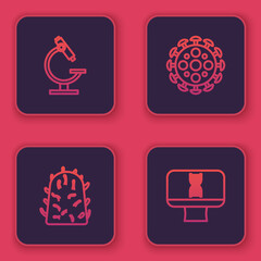 Set line Microscope, Rabies virus, Virus and DNA spiral and computer. Blue square button. Vector