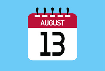 August day 13. Calendar design template 13 august in background blue.