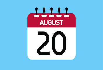 August day 20. Calendar design template 20 august in background blue.