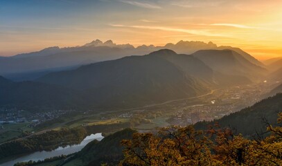 Fototapeta premium View of Bled from the high view point at sunset