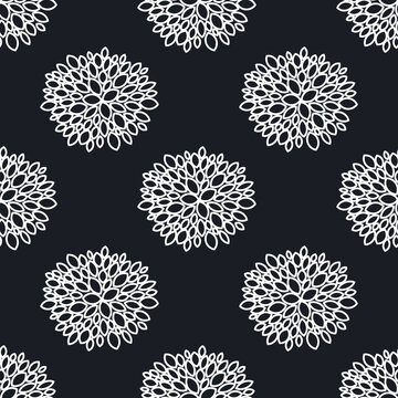 Abstract aster and chrysanthemum flowers are drawn with a white outline on a black background. Seamless floral pattern for decorative fabrics. Vector.