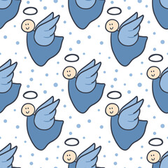 Vector Seamless Pattern with Cartoon Angels and Dots on a white background. Children's Cute Print in a Hand Drawn Style.