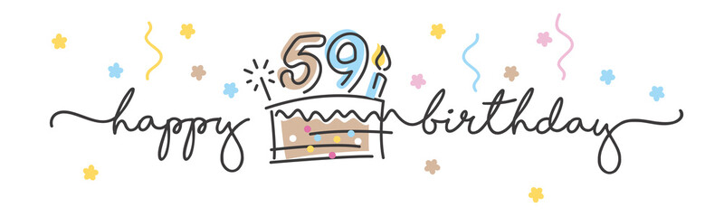 59th Birthday handwritten typography lettering Greeting card with colorful big cake, number, candle and confetti