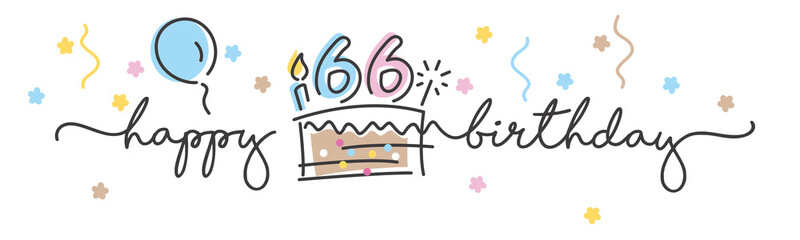 66th Birthday handwritten typography lettering Greeting card with colorful big cake, number, candle and confetti