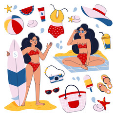 Summer set. Girls on the beach with surfing and on a picnic. Summer women's beach accessories.