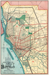 Vintage Map of Buffalo New York. Original title: New map of the city of Buffalo. Shows streets, railroads, and landmarks. This is a beautifully detailed historic, enhanced, restored reproduction.