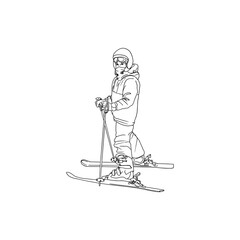 Vector illustration of a skier isolated on the lines. A child on skis as a logo, emblem, coloring book of a skier isolated on the lines. A child on skis as a logo, emblem, coloring book