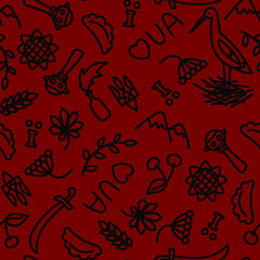 Seamless pattern handdrawn Ukrainian symbols. Black on red background