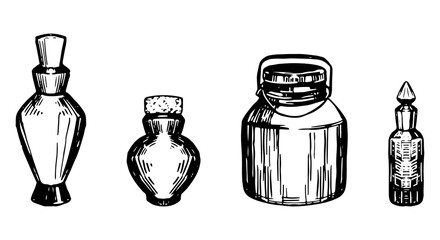 Set of vintage jars and containers. Empty bottles ink sketches vector collection. Hand drawn cliparts isolated on white.