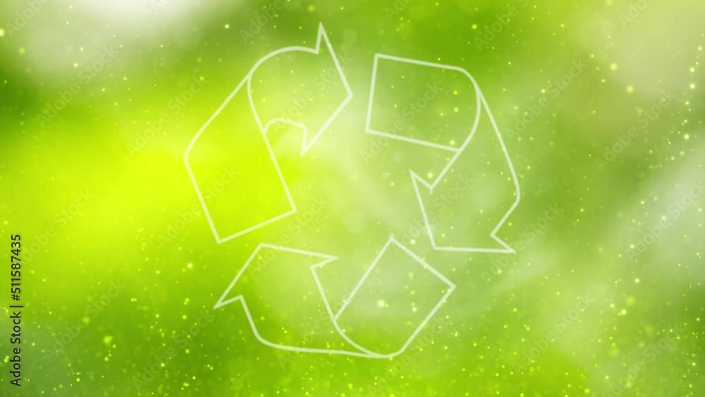 Poster looping sunny green bokeh with recycle icon animation.