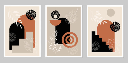 Collection of posters. Minimalism style. With a modern boho style design. Cubism. Composition of simple figures. Design for drawing, logo, posters, invitations, greeting cards. Abstraction.