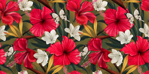 Exotic tropical pattern. Luxurious wallpaper with tropical flowers, leaves, butterflies. Hand drawn 3d illustration for fabric, wallpaper, paper
