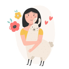 Portrait of a cute girl hugging llama, alpaca