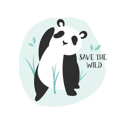 Vector illustration of a cute panda and text save the wild