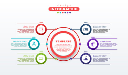 Infographics design and marketing icons, circles. Сan be used to create workflows, diagram of annual reports, web design of presentations.Business concept with 6 options, process steps, colors, vector
