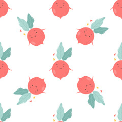 Seamless pattern with funny radish on white background