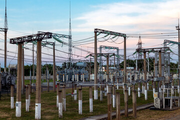 Panoramic view of the electrical substation from a height at sunset.