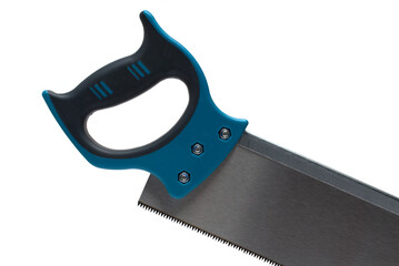 rectangular hand saw blue handle white background