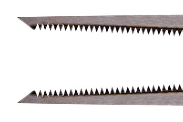 two straight saw blade pointed white background