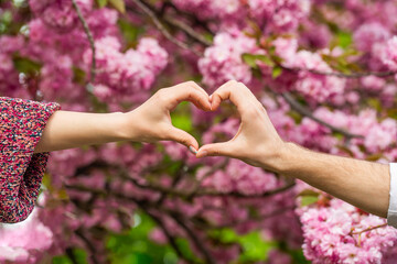 Hands, heart, couple. Closeup of couple making heart shape with hands. Hands of women and men are...