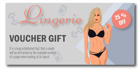 Lingerie Shop Card promotion voucher banner background with beautiful girl in black lingerie