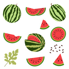 Set of vector illustrations of flat watermelon. Whole watermelon, cut watermelon, watermelon slices