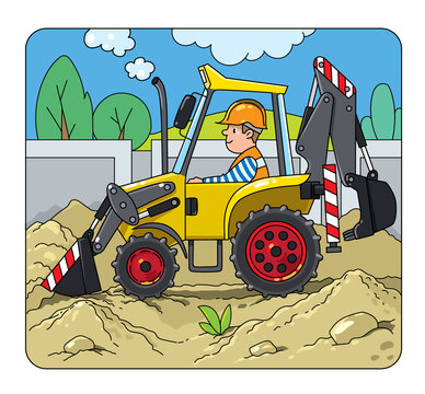 Construction tractor with a driver. Vector cartoon