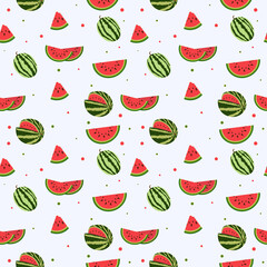 Bright summer seamless pattern with red watermelons and round spots.