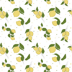 Seamless pattern with minimalistic lemon branches with fruits with round spots.