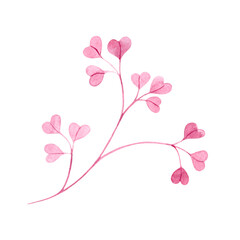 Watercolor pink twigs with small leaves, small leaves on a white background. Nature, plants, foliage. Botanical illustration for fabrics, dresses, interiors
