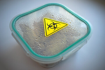 A plastic container with a yellow radiation sticker.contaminated food. Danger of poisoning. A...