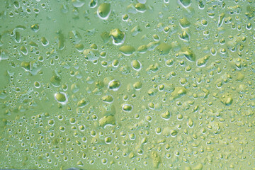 water drops on green leaf wet matte transparent surface with drops